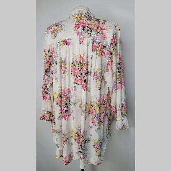 Vintage Floral Oversized Button Up Top Size S Pleated Longline Flowy Cottage - Picture 2 of 11